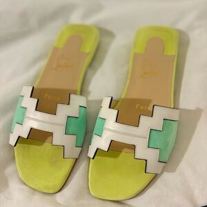 Christian Louboutin White and Green Slide Sandals